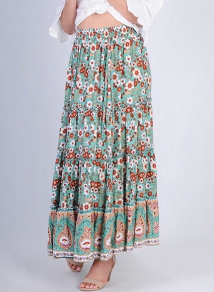 JAR OF HEARTS Boho Lover Aqua Turquoise Floral High Waisted Tiered Maxi Skirt - Picture 12 of 16